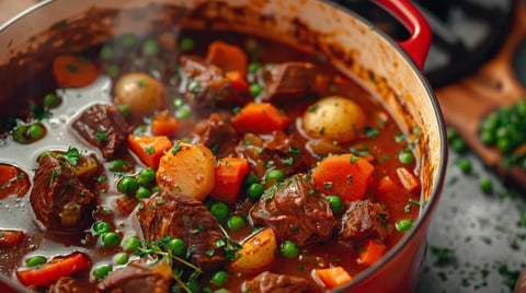 A Dutch oven filled with a savory beef stew.
